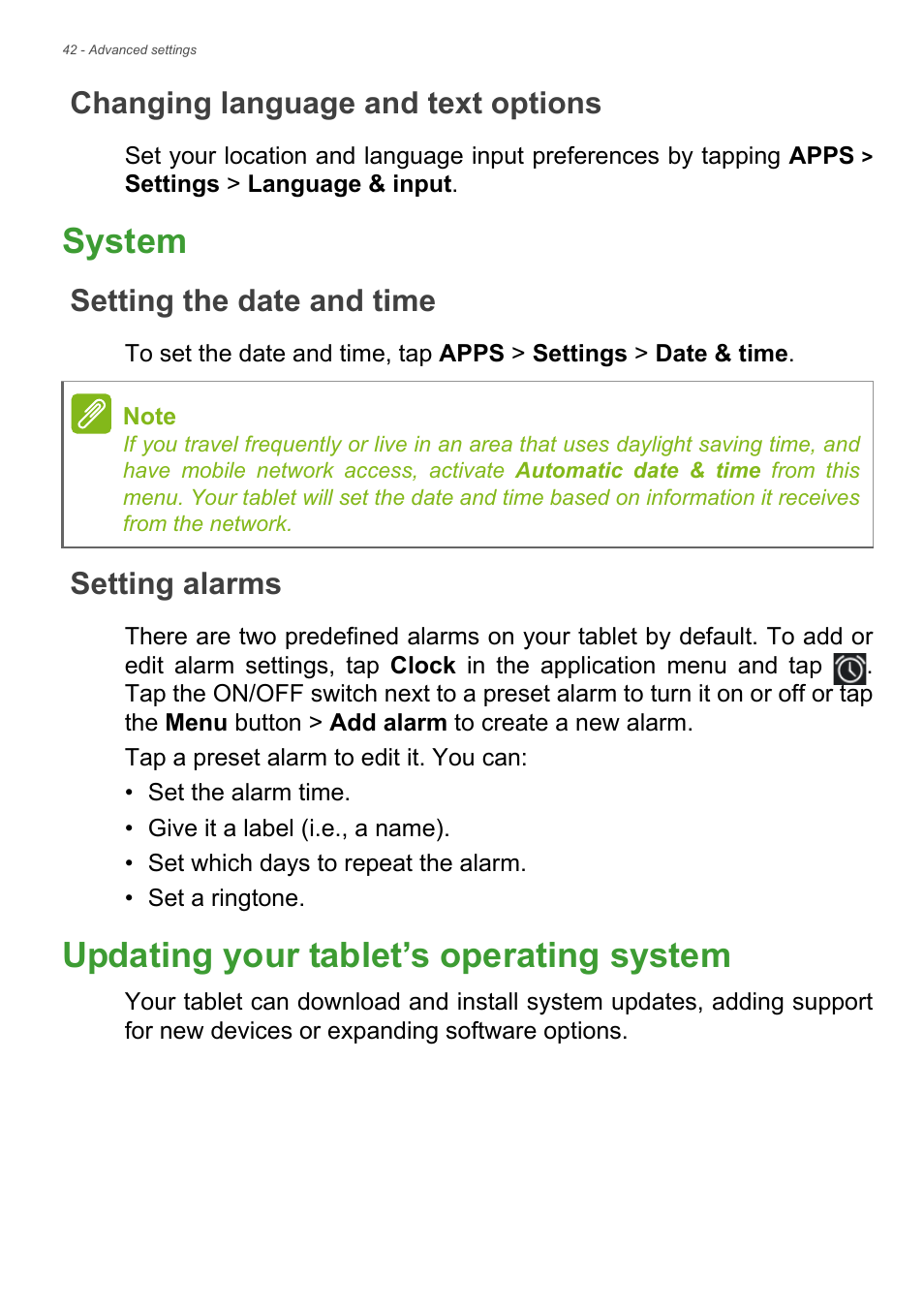 Changing language and text options, System, Setting the date and time | Setting alarms, Updating your tablet’s operating system, System updating your tablet’s operating system 42 | Acer B1-721 User Manual | Page 42 / 53