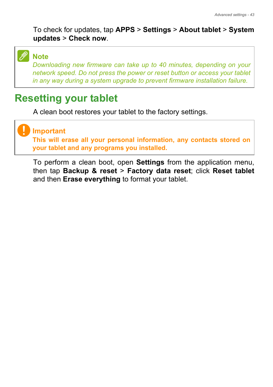 Resetting your tablet | Acer B1-721 User Manual | Page 43 / 53