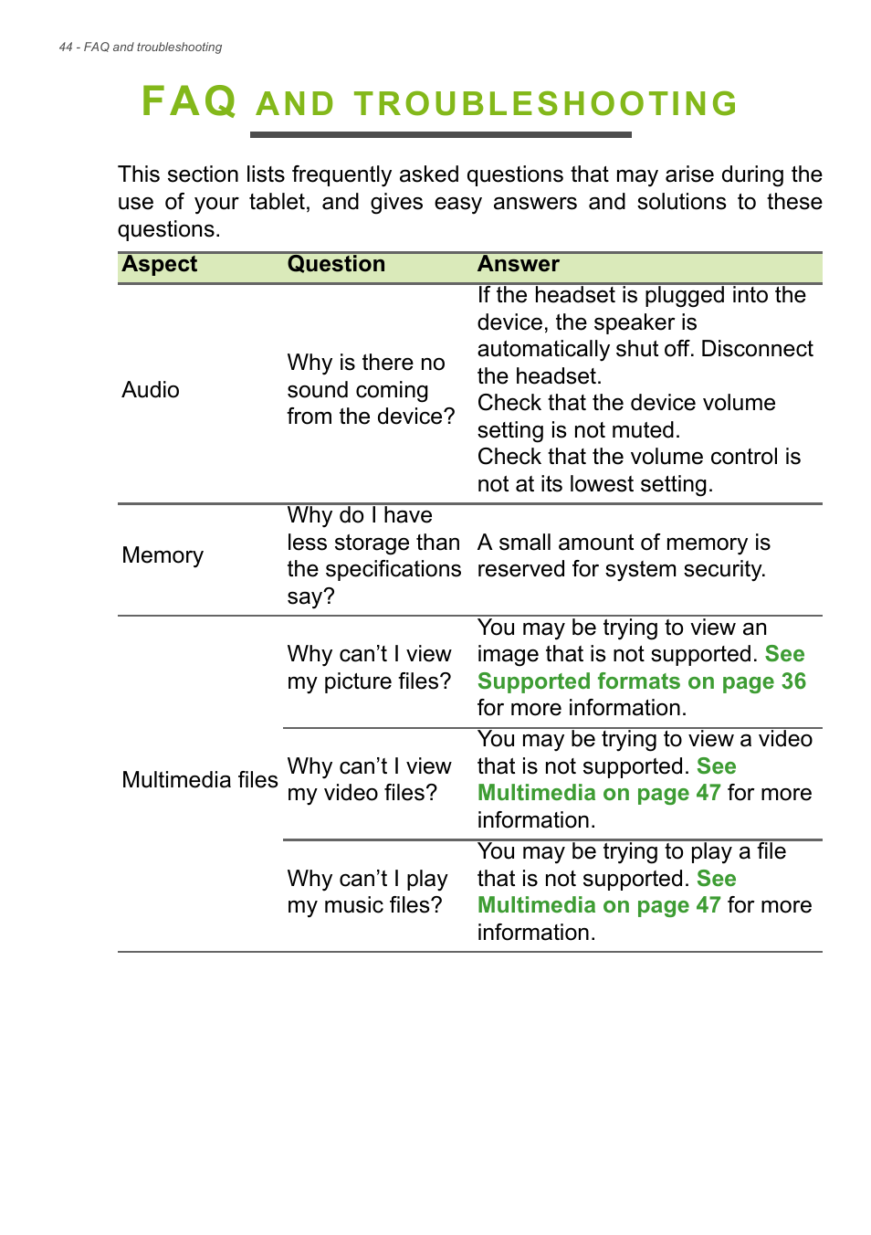 Faq and troubleshooting, Troubleshooting | Acer B1-721 User Manual | Page 44 / 53