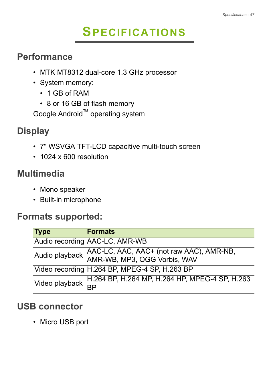 Specifications, Performance, Display | Multimedia, Formats supported, Usb connector, Pecifications | Acer B1-721 User Manual | Page 47 / 53