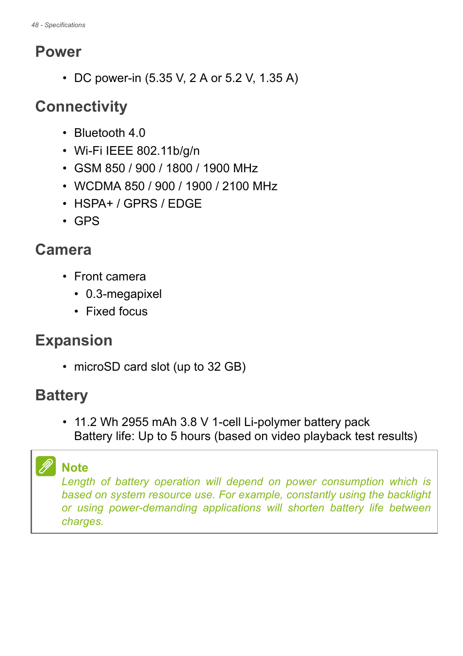 Power, Connectivity, Camera | Expansion, Battery | Acer B1-721 User Manual | Page 48 / 53