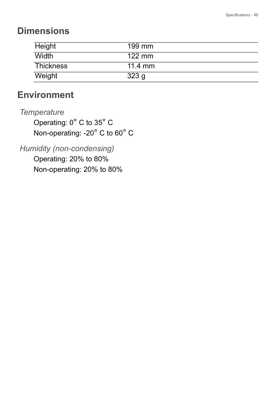 Dimensions, Environment | Acer B1-721 User Manual | Page 49 / 53