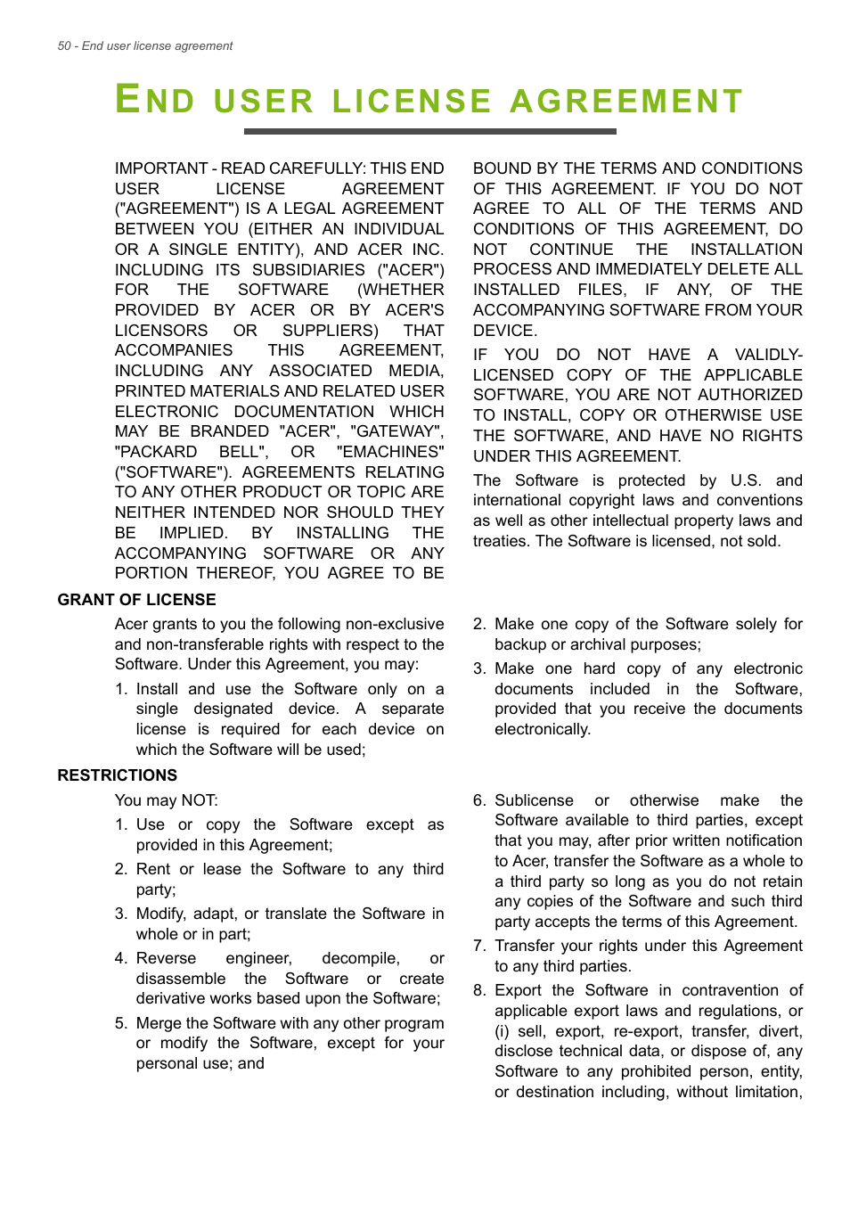 End user license agreement, User, License | Agreement | Acer B1-721 User Manual | Page 50 / 53