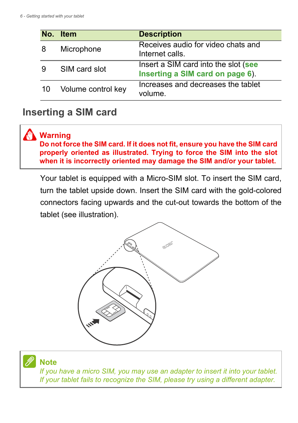 Inserting a sim card | Acer B1-721 User Manual | Page 6 / 53