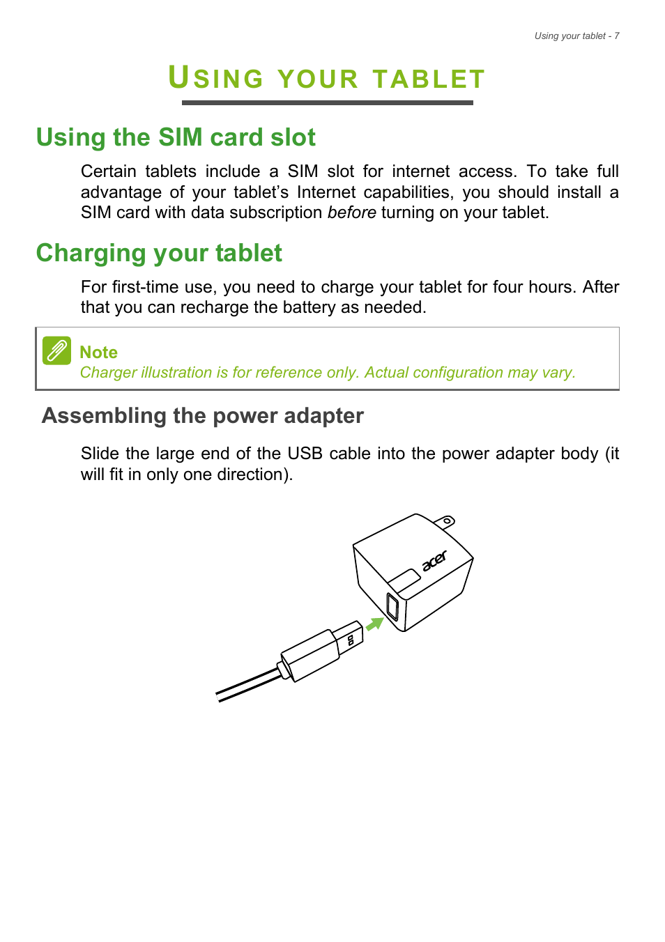 Using your tablet, Using the sim card slot, Charging your tablet | Assembling the power adapter, Using the sim card slot charging your tablet, Sing, Your, Tablet using the sim card slot | Acer B1-721 User Manual | Page 7 / 53