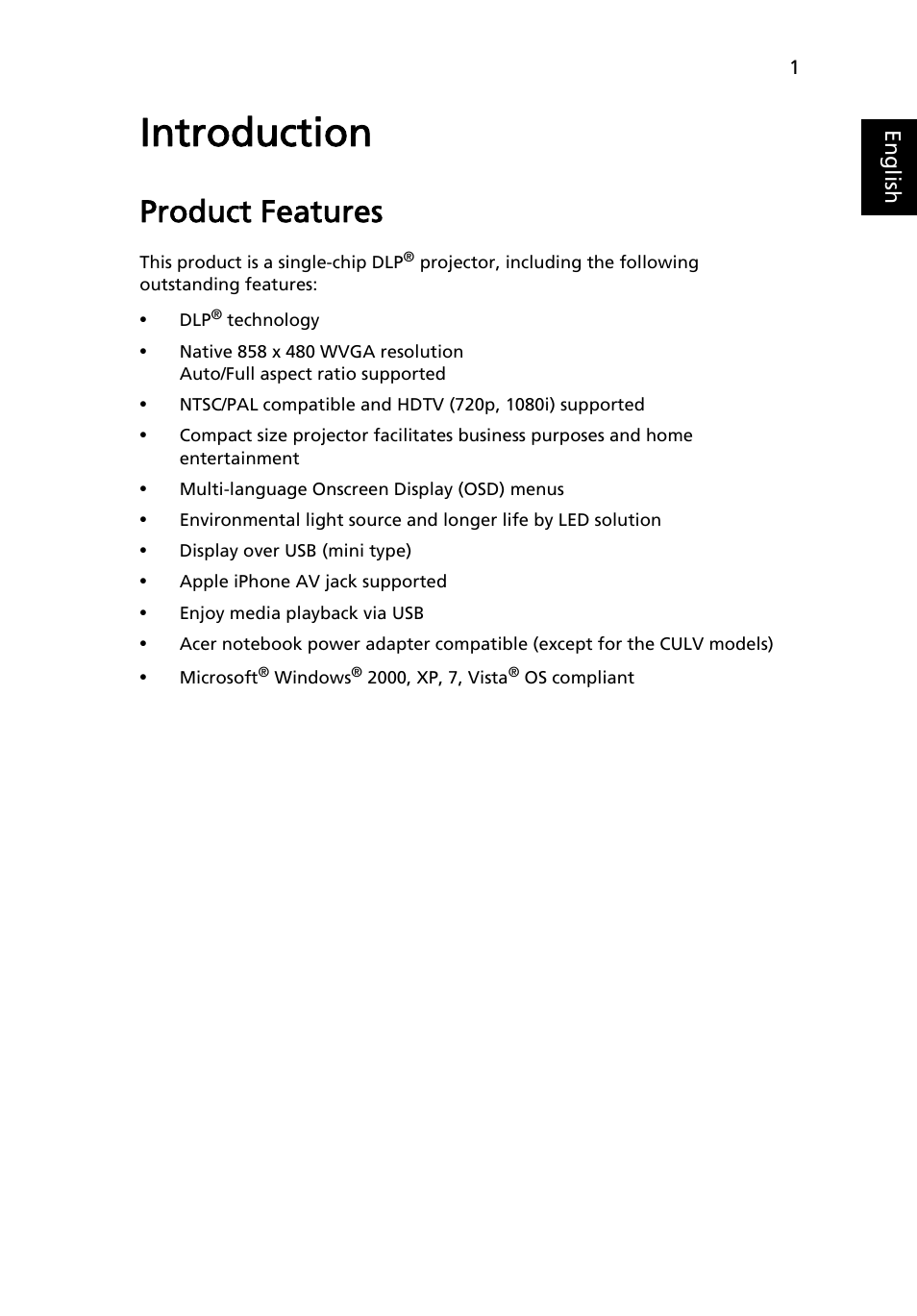 Introduction, Product features | Acer C112 User Manual | Page 11 / 38