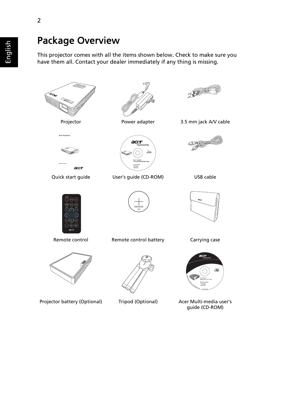 Package overview, English | Acer C112 User Manual | Page 12 / 38