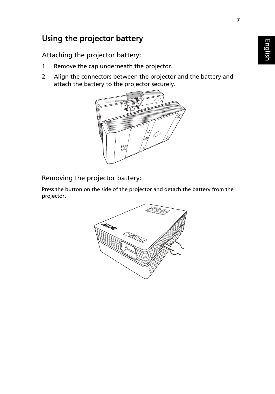 Using the projector battery | Acer C112 User Manual | Page 17 / 38