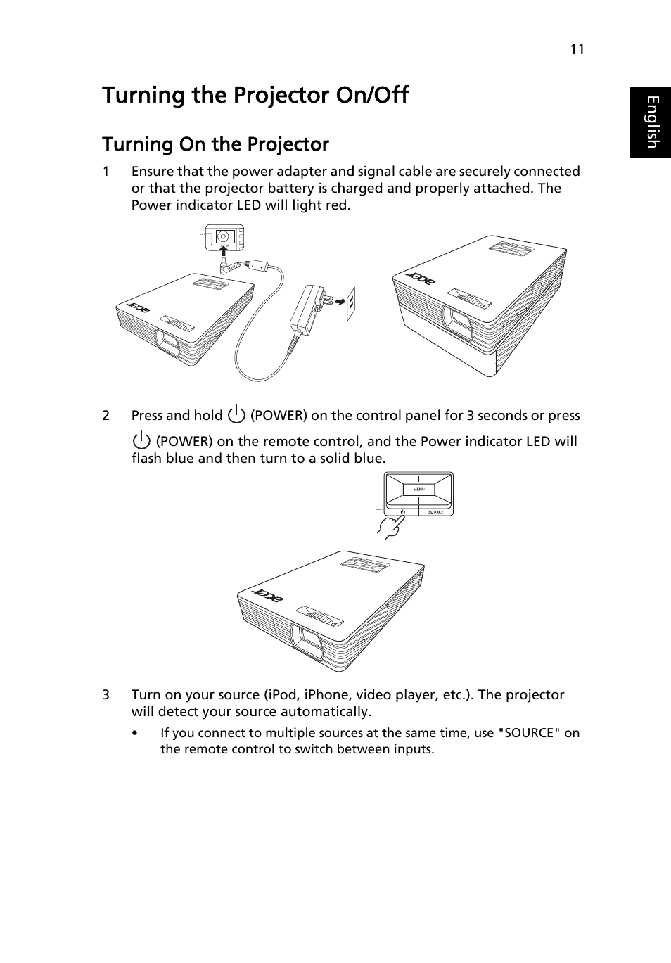 Turning the projector on/off, Turning on the projector | Acer C112 User Manual | Page 21 / 38