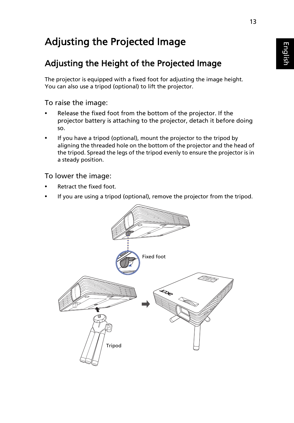 Adjusting the projected image, Adjusting the height of the projected image | Acer C112 User Manual | Page 23 / 38