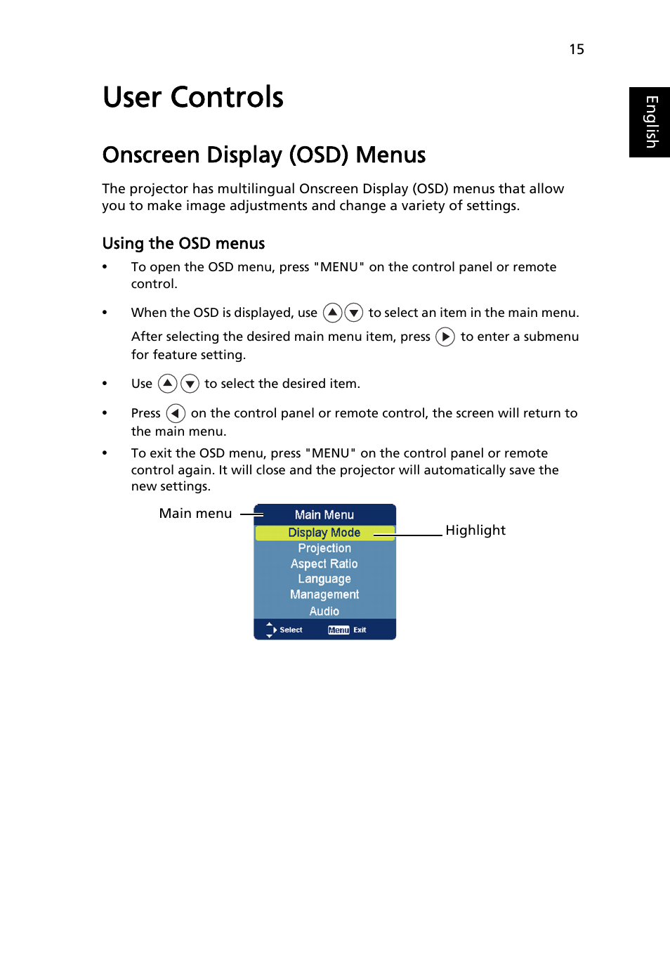 User controls, Onscreen display (osd) menus | Acer C112 User Manual | Page 25 / 38