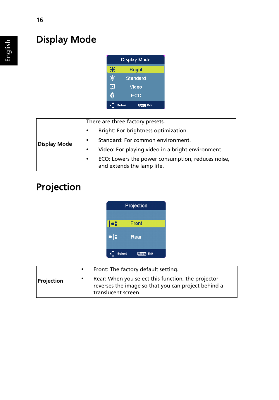 Display mode, Projection, Display mode projection | Acer C112 User Manual | Page 26 / 38