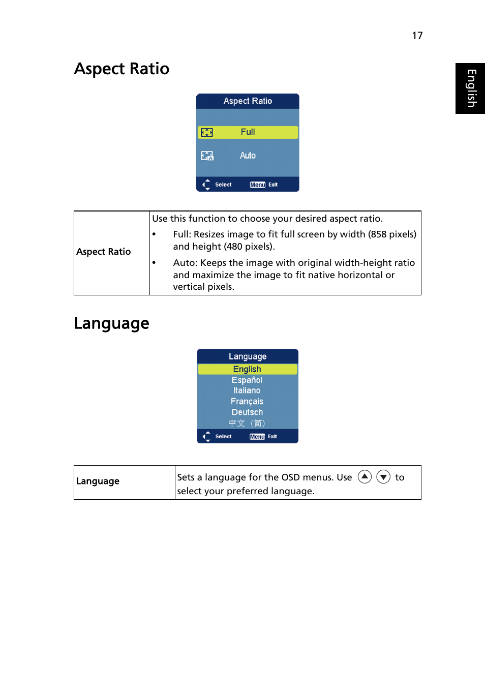 Aspect ratio, Language, Aspect ratio language | Acer C112 User Manual | Page 27 / 38