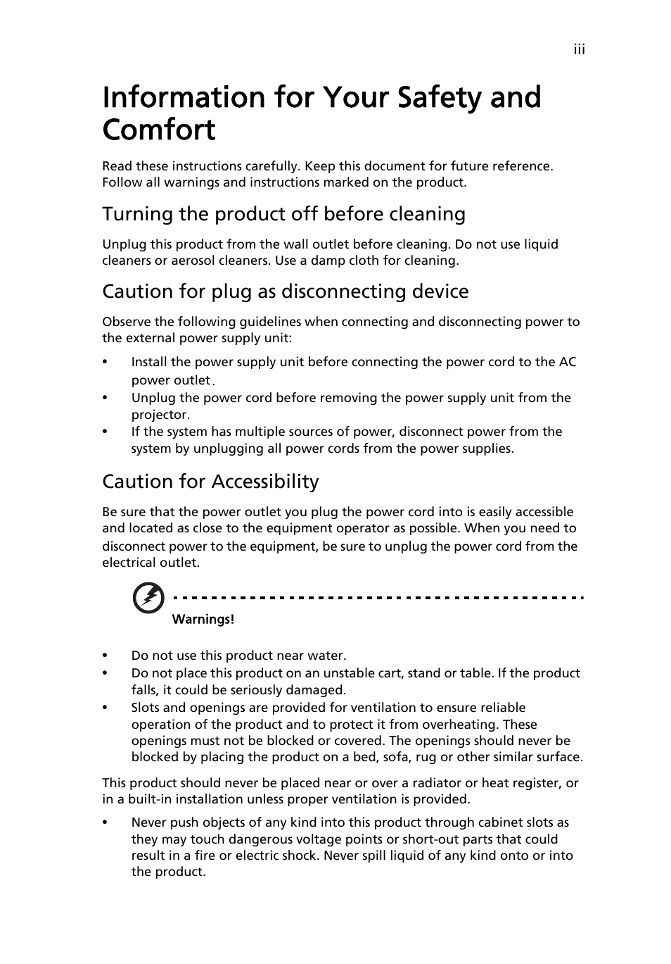 Information for your safety and comfort, Turning the product off before cleaning, Caution for plug as disconnecting device | Caution for accessibility | Acer C112 User Manual | Page 3 / 38