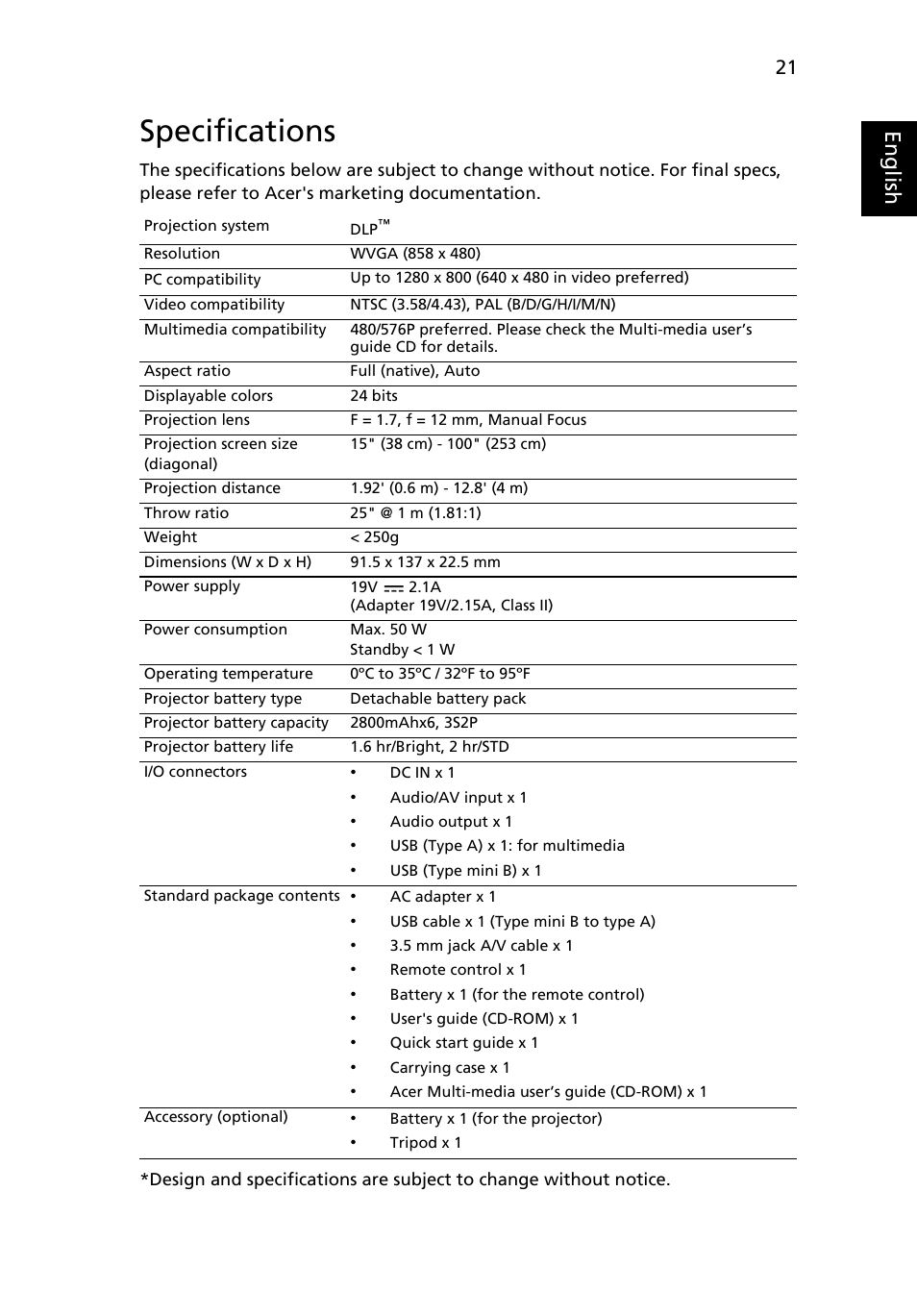 Specifications, Eng lis h | Acer C112 User Manual | Page 31 / 38