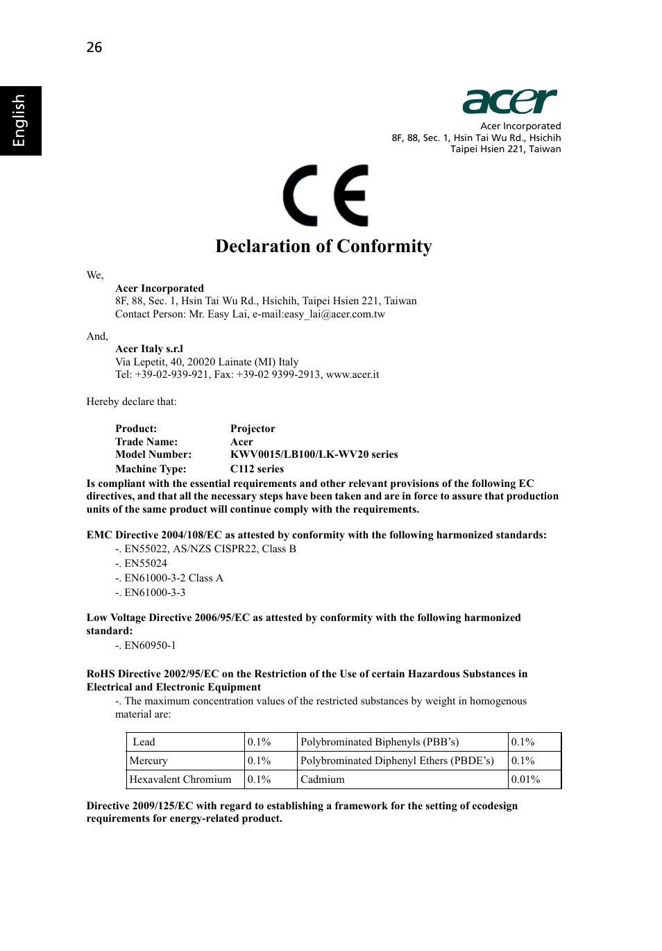 Declaration of conformity, English | Acer C112 User Manual | Page 36 / 38