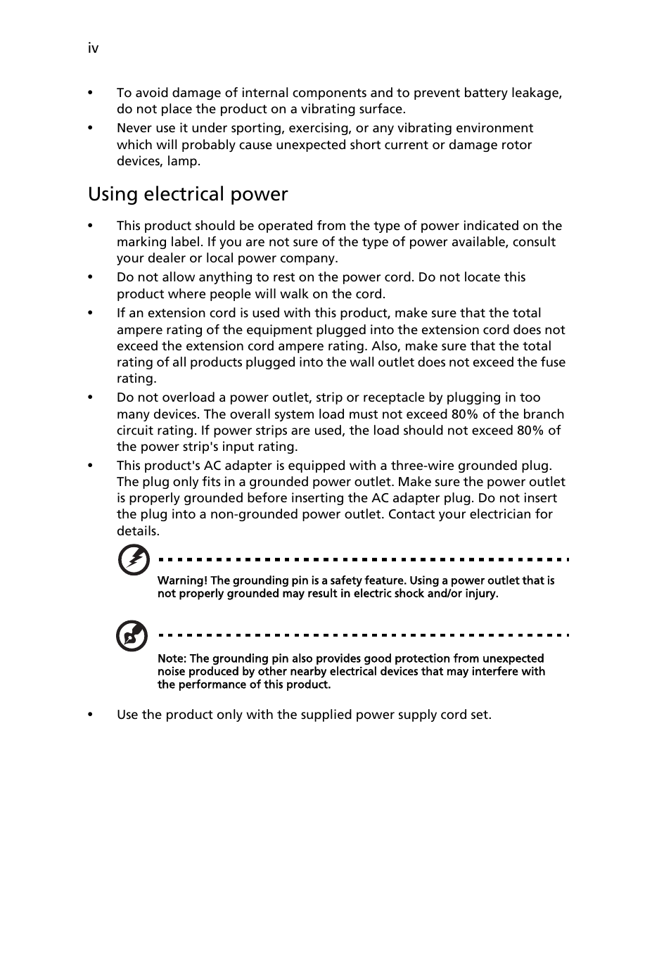 Using electrical power | Acer C112 User Manual | Page 4 / 38