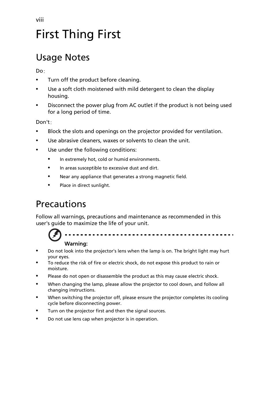 First thing first, Usage notes, Precautions | Acer C112 User Manual | Page 8 / 38