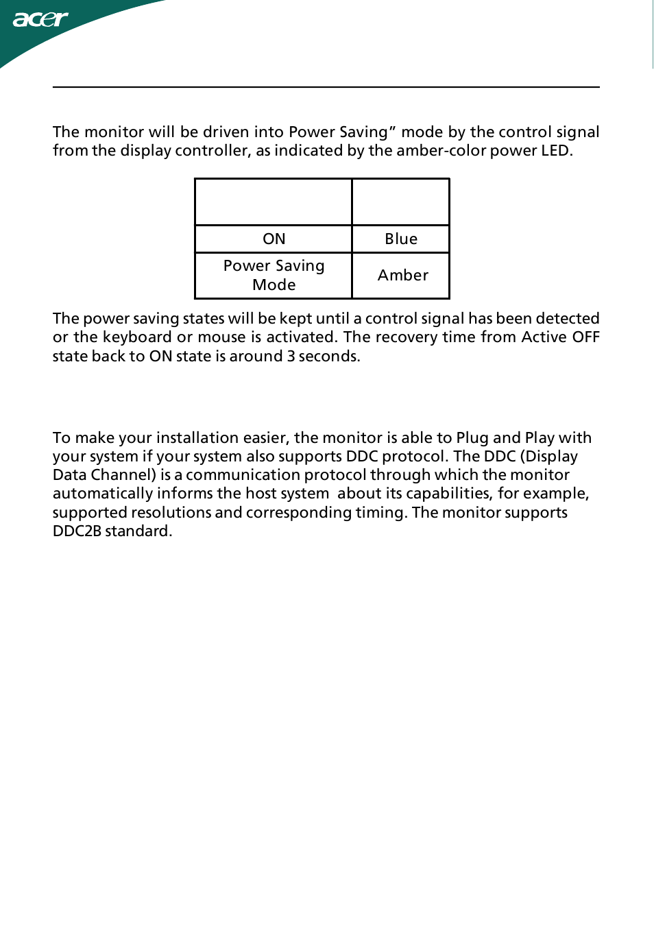 Power saving | Acer B233HL User Manual | Page 11 / 24