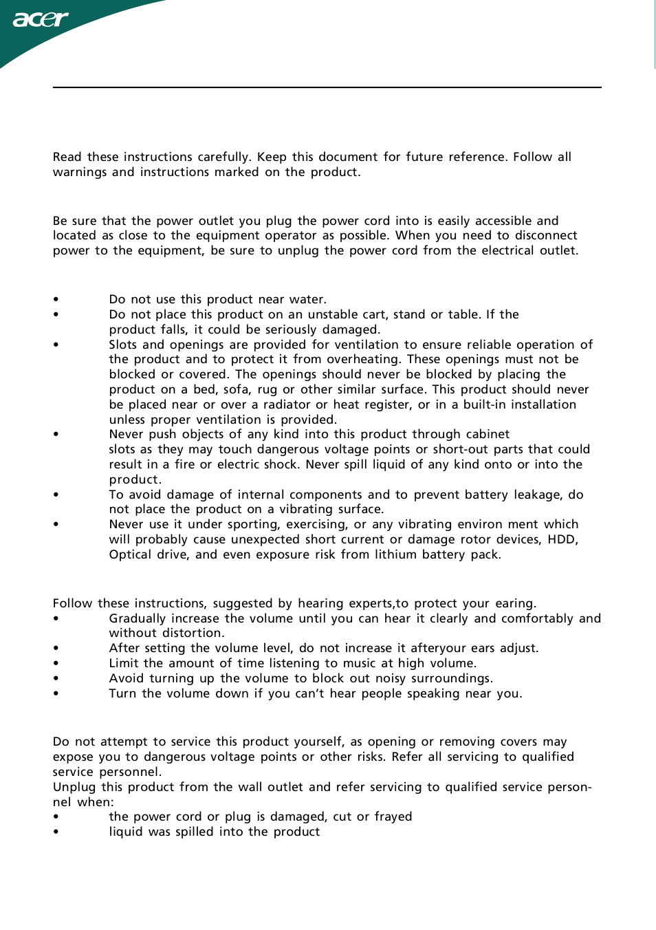 Information for your safety and comfort, En-2, Safety instructions | Caution for accessibility, Warnings, Safe listening, Product servicing | Acer B233HL User Manual | Page 3 / 24