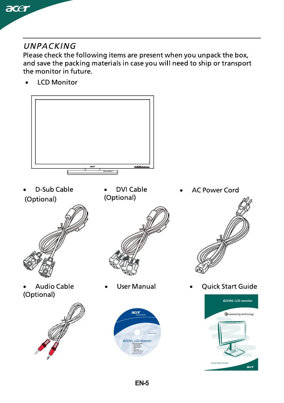 B233hl lcd monitor | Acer B233HL User Manual | Page 6 / 24