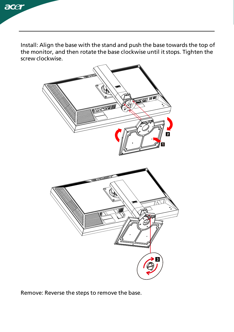 Attaching/removing the base | Acer B233HL User Manual | Page 7 / 24