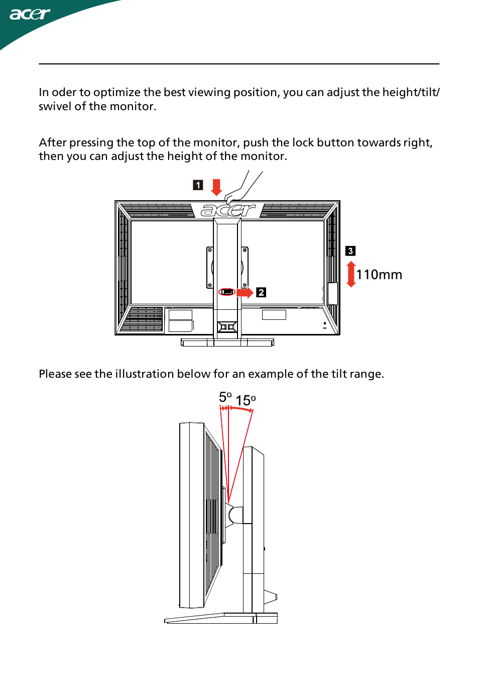 Screen position adjustment, 110mm | Acer B233HL User Manual | Page 8 / 24