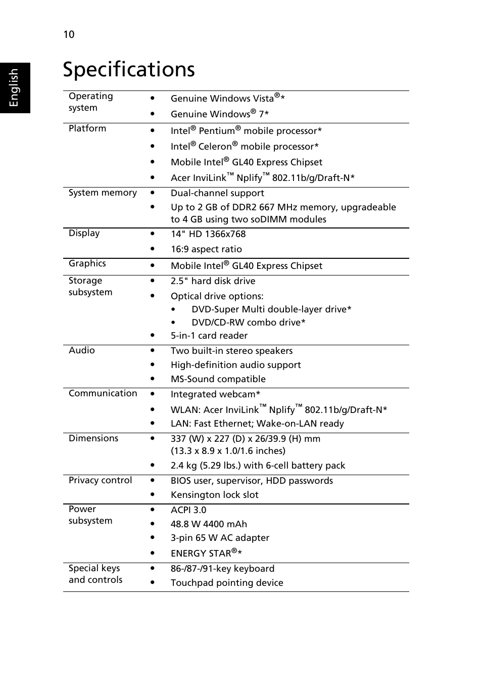 Specifications | Acer Aspire 4332 User Manual | Page 10 / 11