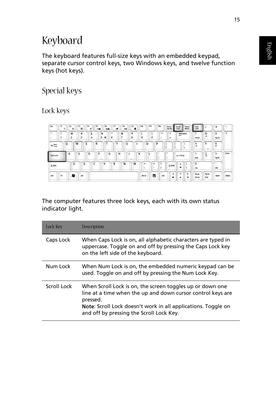 Keyboard, Special keys, Lock keys | Acer Aspire 1710 User Manual | Page 25 / 106