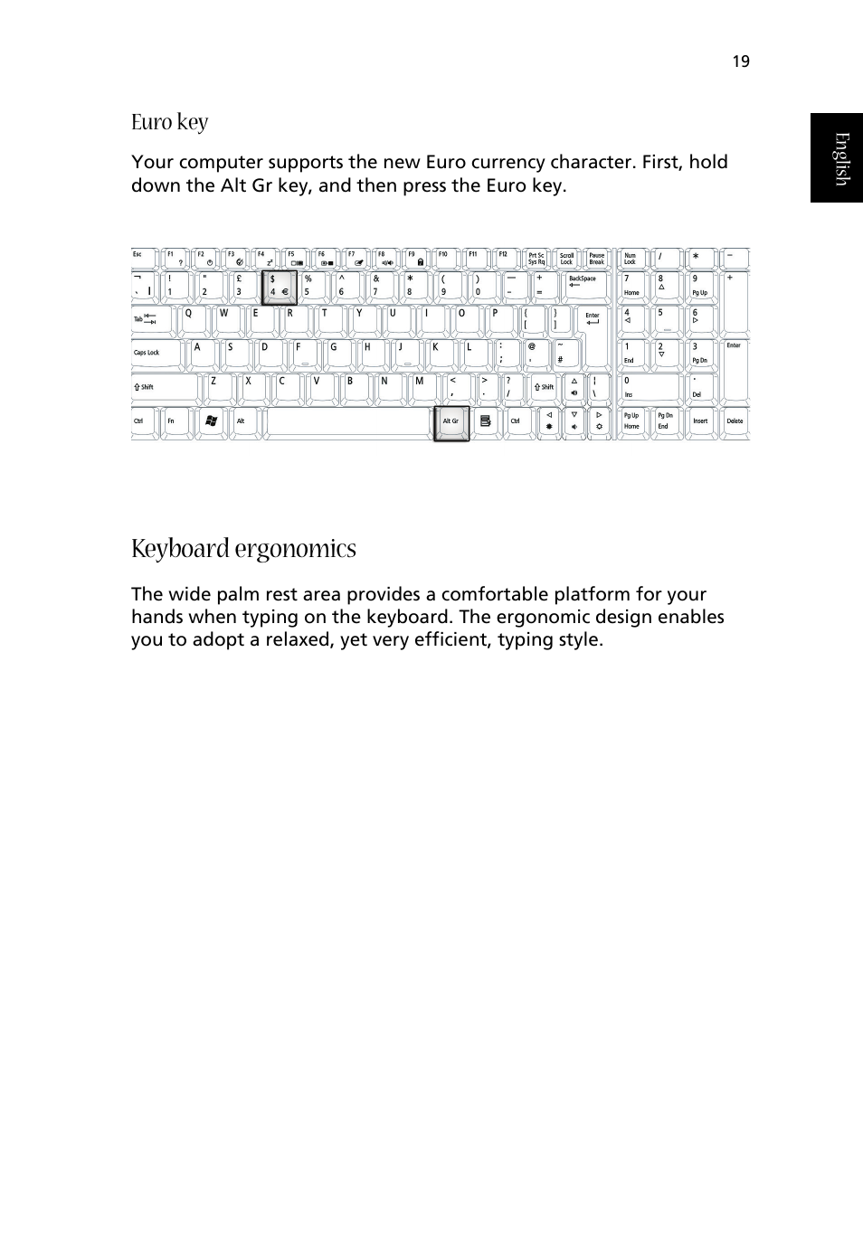 Keyboard ergonomics, Euro key | Acer Aspire 1710 User Manual | Page 29 / 106