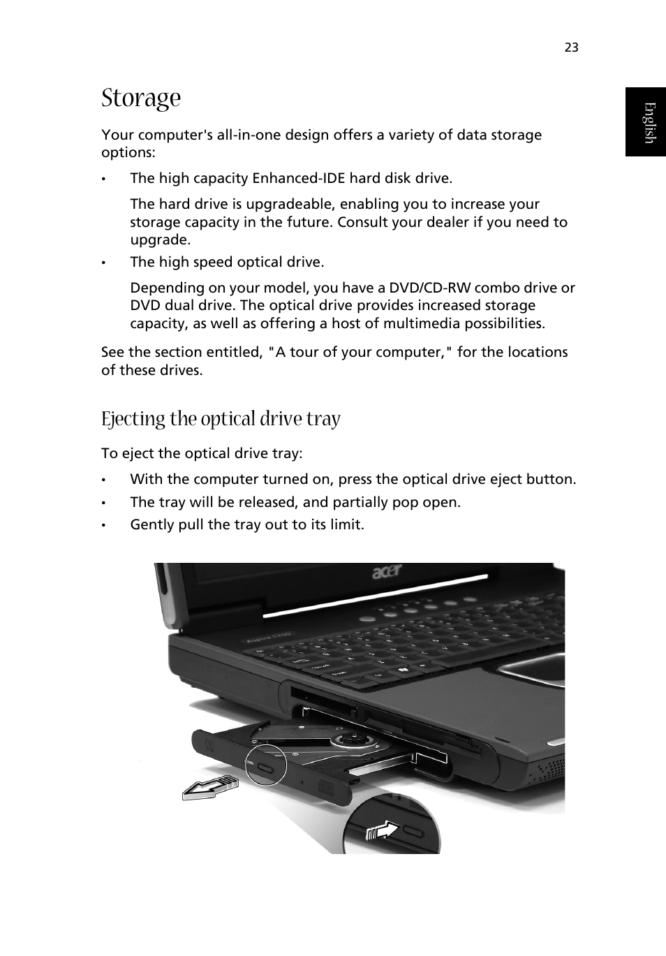 Storage, Ejecting the optical drive tray | Acer Aspire 1710 User Manual | Page 33 / 106