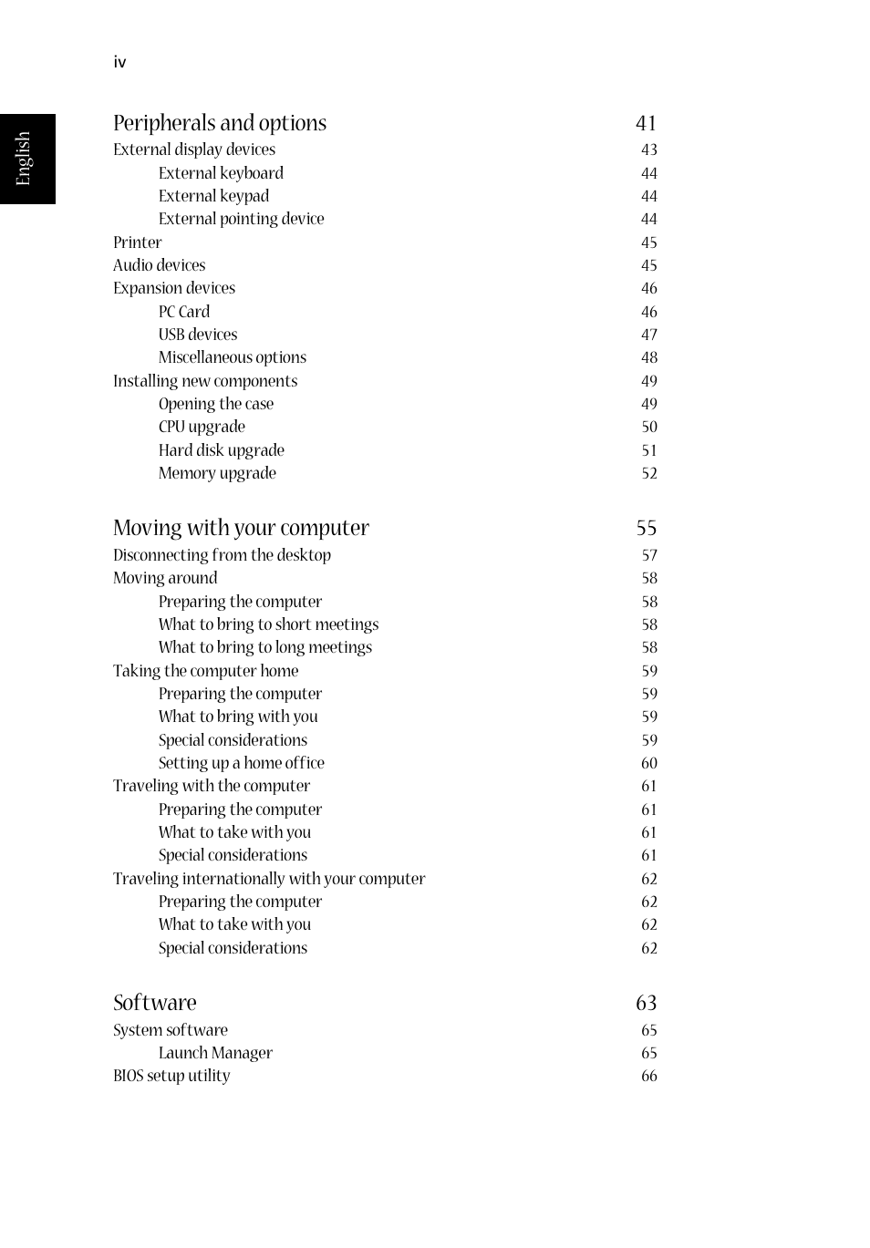 Peripherals and options 41, Moving with your computer 55, Software 63 | Acer Aspire 1710 User Manual | Page 4 / 106