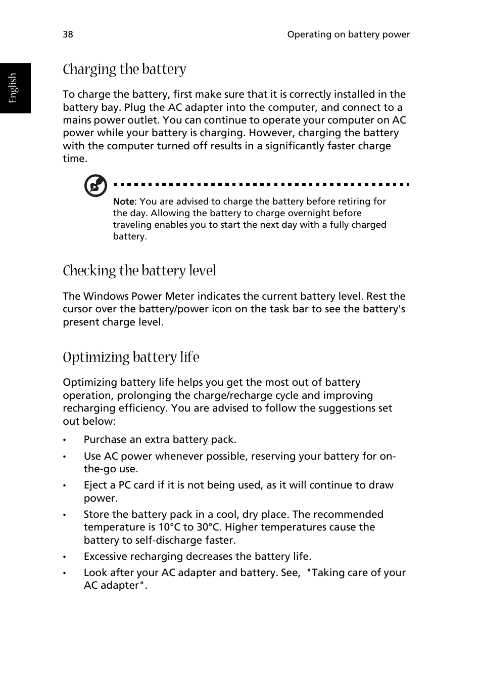 Charging the battery, Checking the battery level, Optimizing battery life | Acer Aspire 1710 User Manual | Page 48 / 106