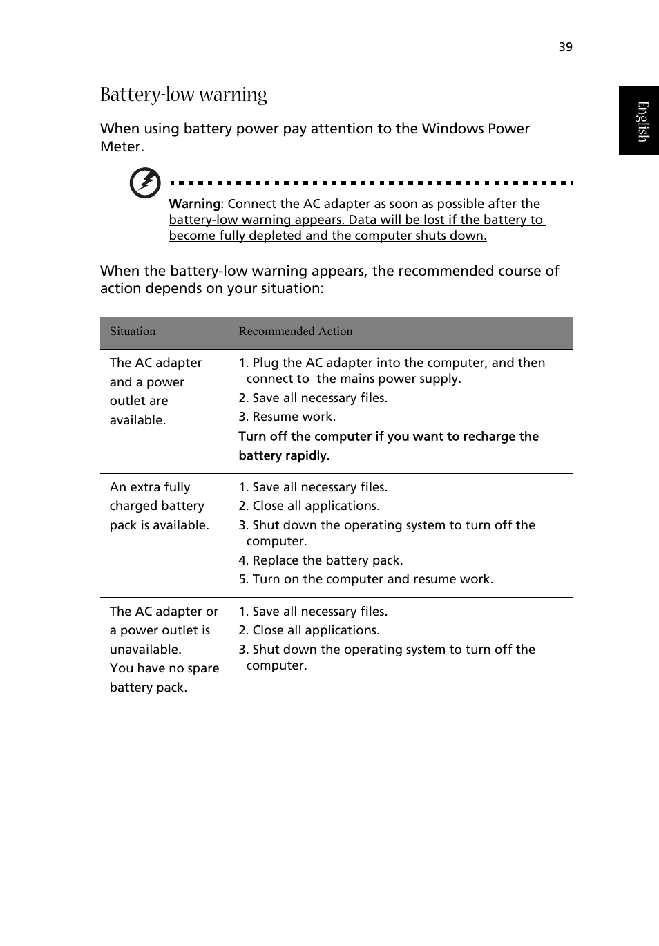 Battery-low warning | Acer Aspire 1710 User Manual | Page 49 / 106