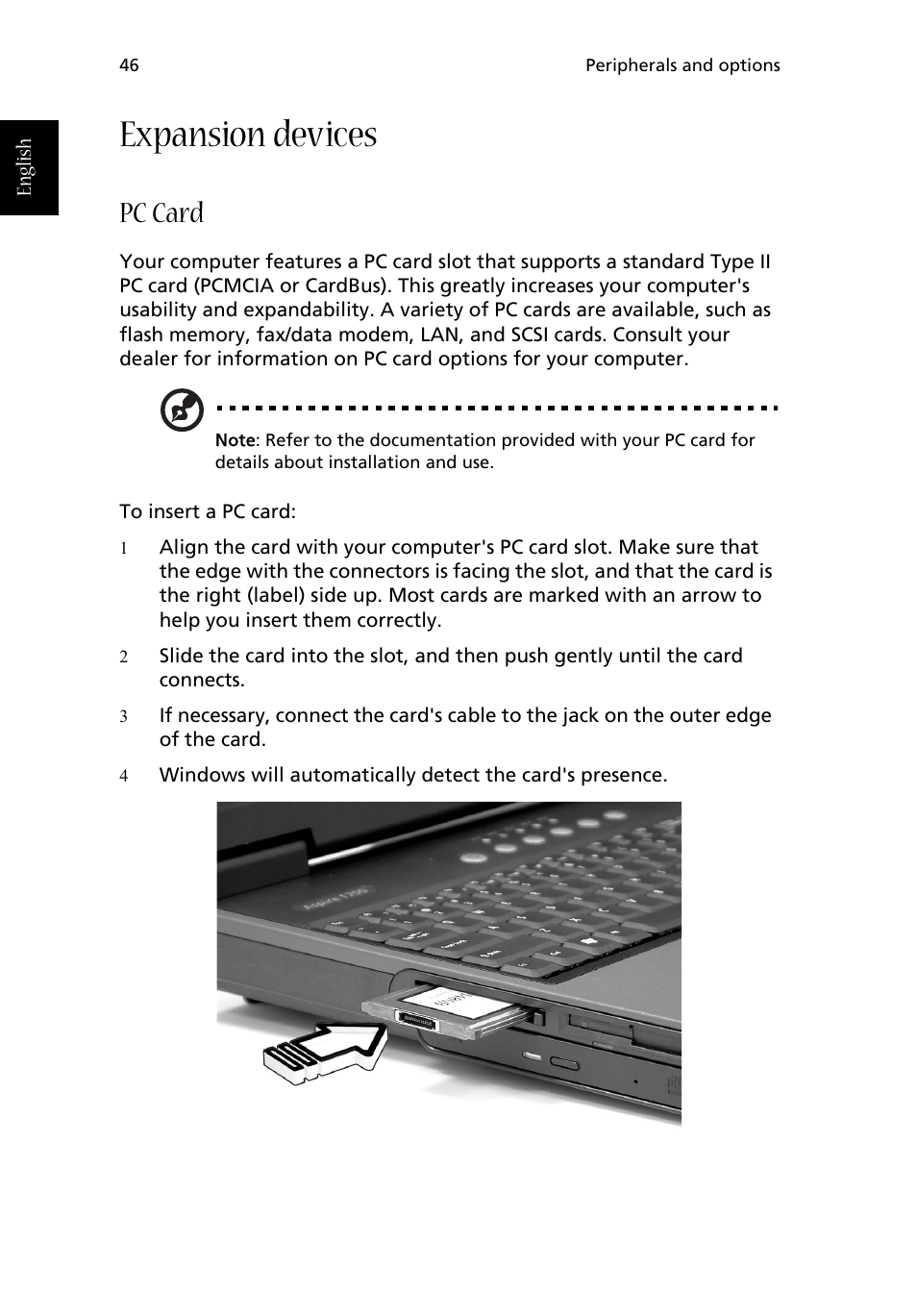 Expansion devices, Pc card | Acer Aspire 1710 User Manual | Page 56 / 106