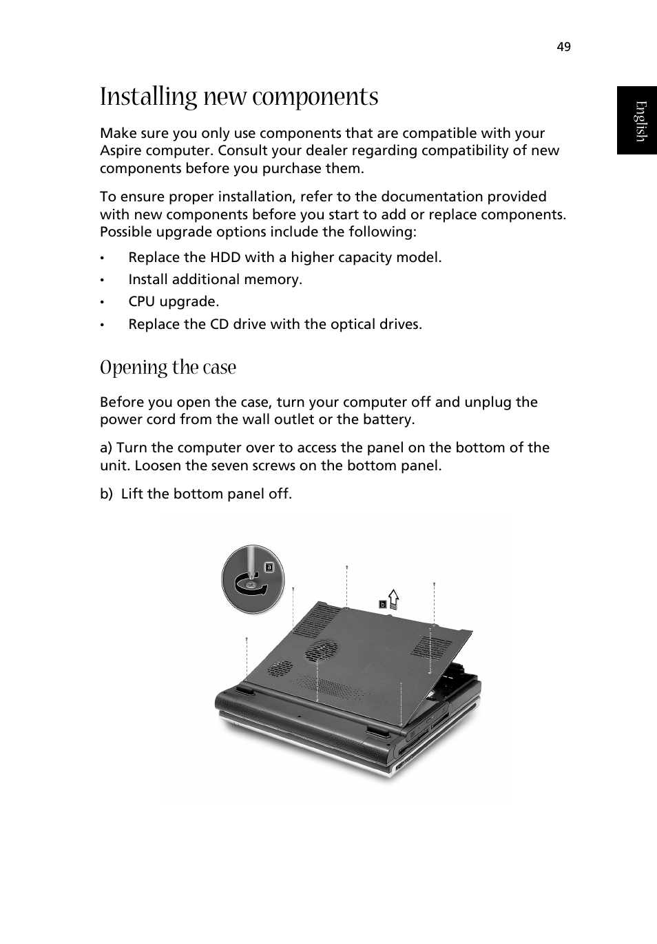 Installing new components, Opening the case | Acer Aspire 1710 User Manual | Page 59 / 106