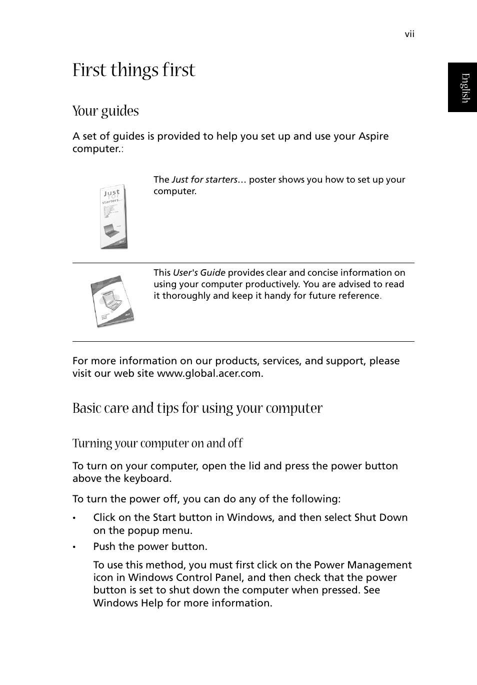 First things first, Your guides, Basic care and tips for using your computer | Turning your computer on and off | Acer Aspire 1710 User Manual | Page 7 / 106