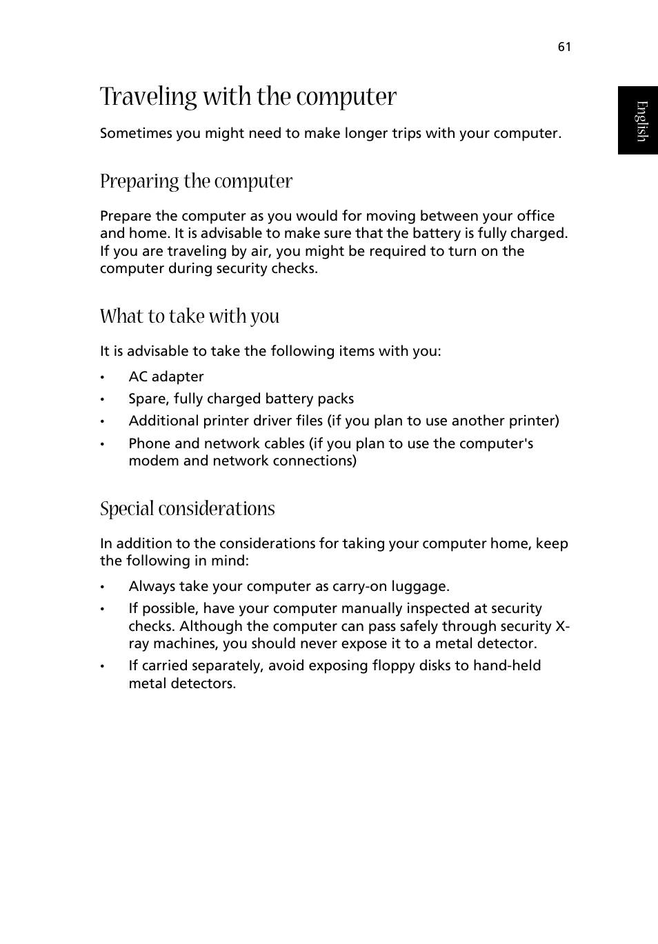 Traveling with the computer, Preparing the computer, What to take with you | Special considerations | Acer Aspire 1710 User Manual | Page 71 / 106