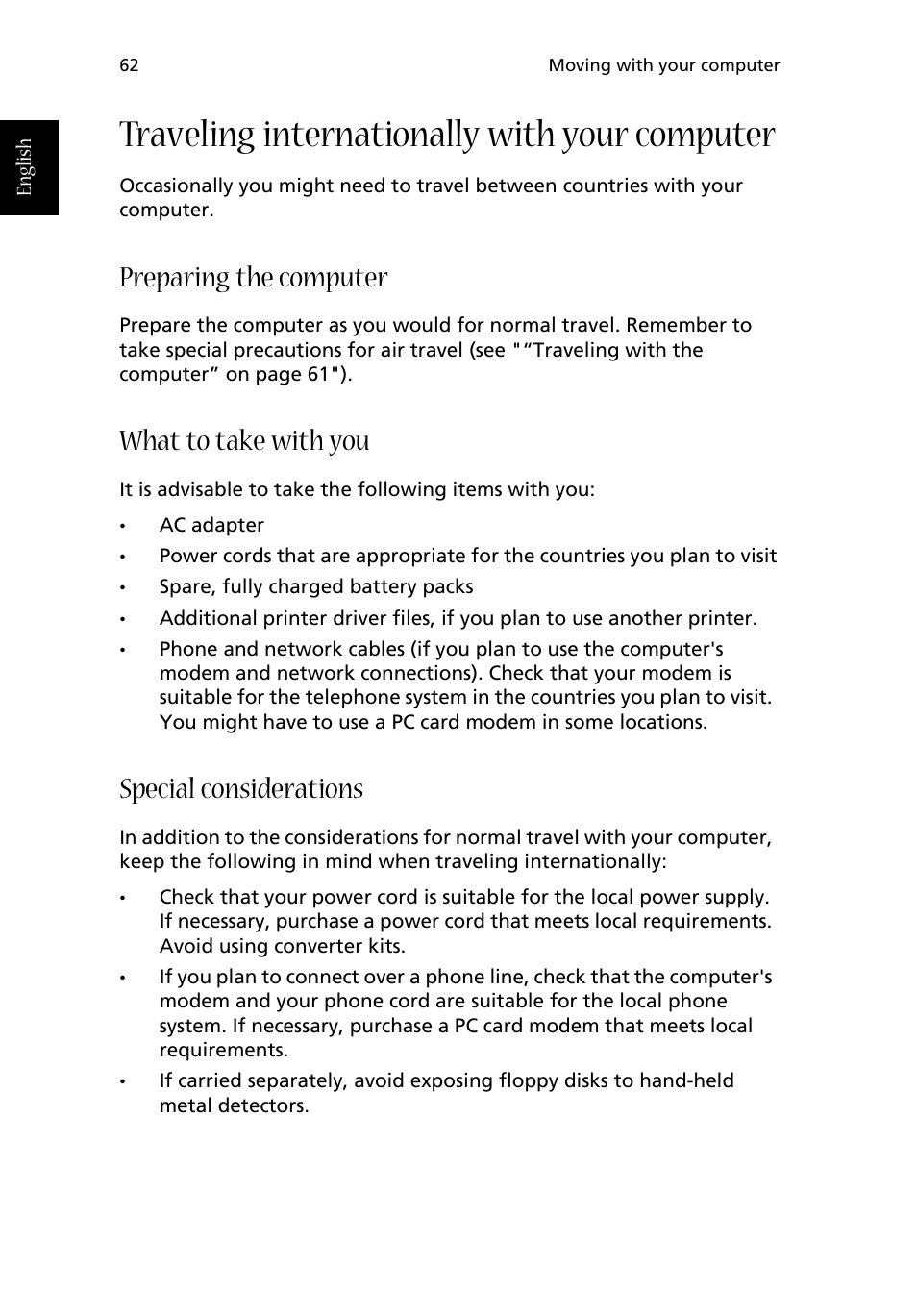 Traveling internationally with your computer, Preparing the computer, What to take with you | Special considerations | Acer Aspire 1710 User Manual | Page 72 / 106