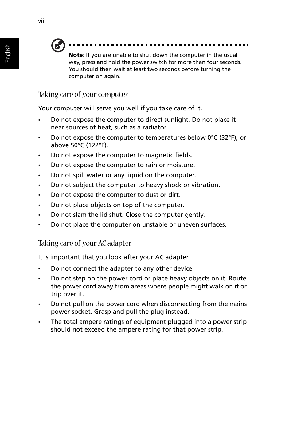 Taking care of your computer, Taking care of your ac adapter | Acer Aspire 1710 User Manual | Page 8 / 106