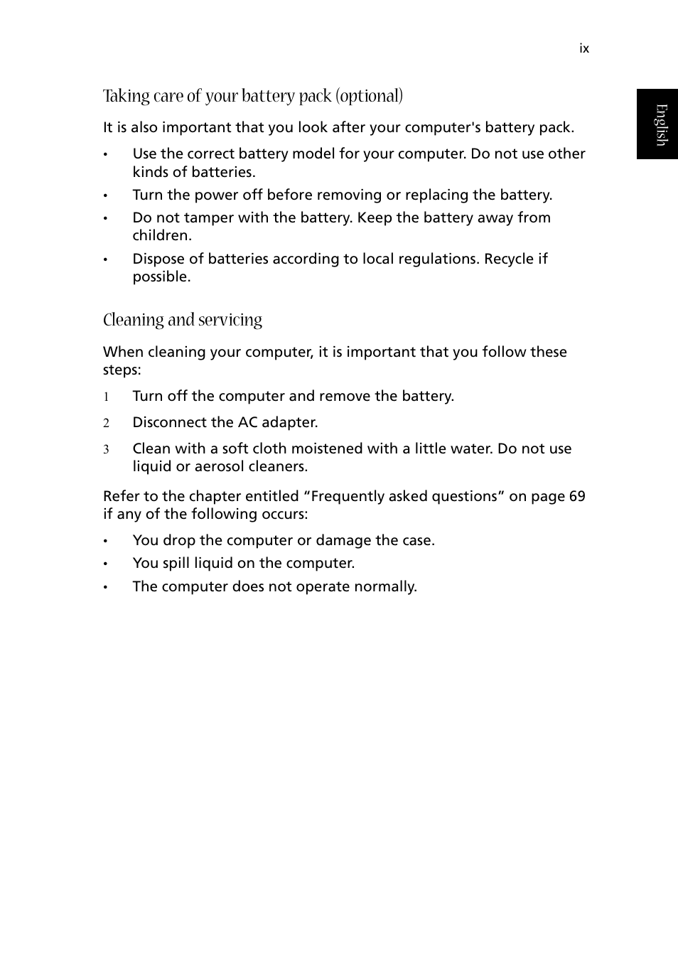 Taking care of your battery pack (optional), Cleaning and servicing | Acer Aspire 1710 User Manual | Page 9 / 106