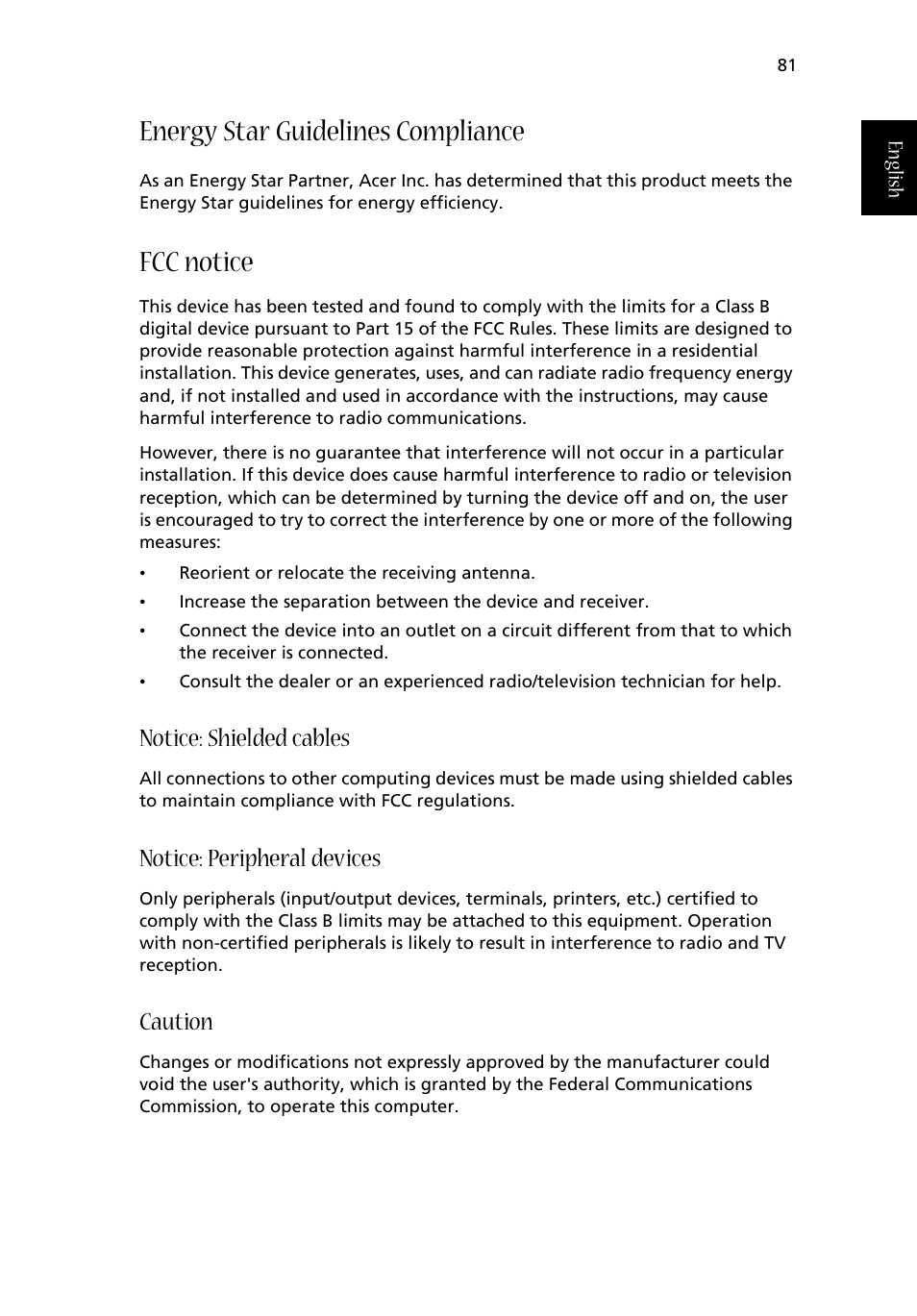 Energy star guidelines compliance, Fcc notice, Notice: shielded cables | Notice: peripheral devices, Caution | Acer Aspire 1710 User Manual | Page 91 / 106