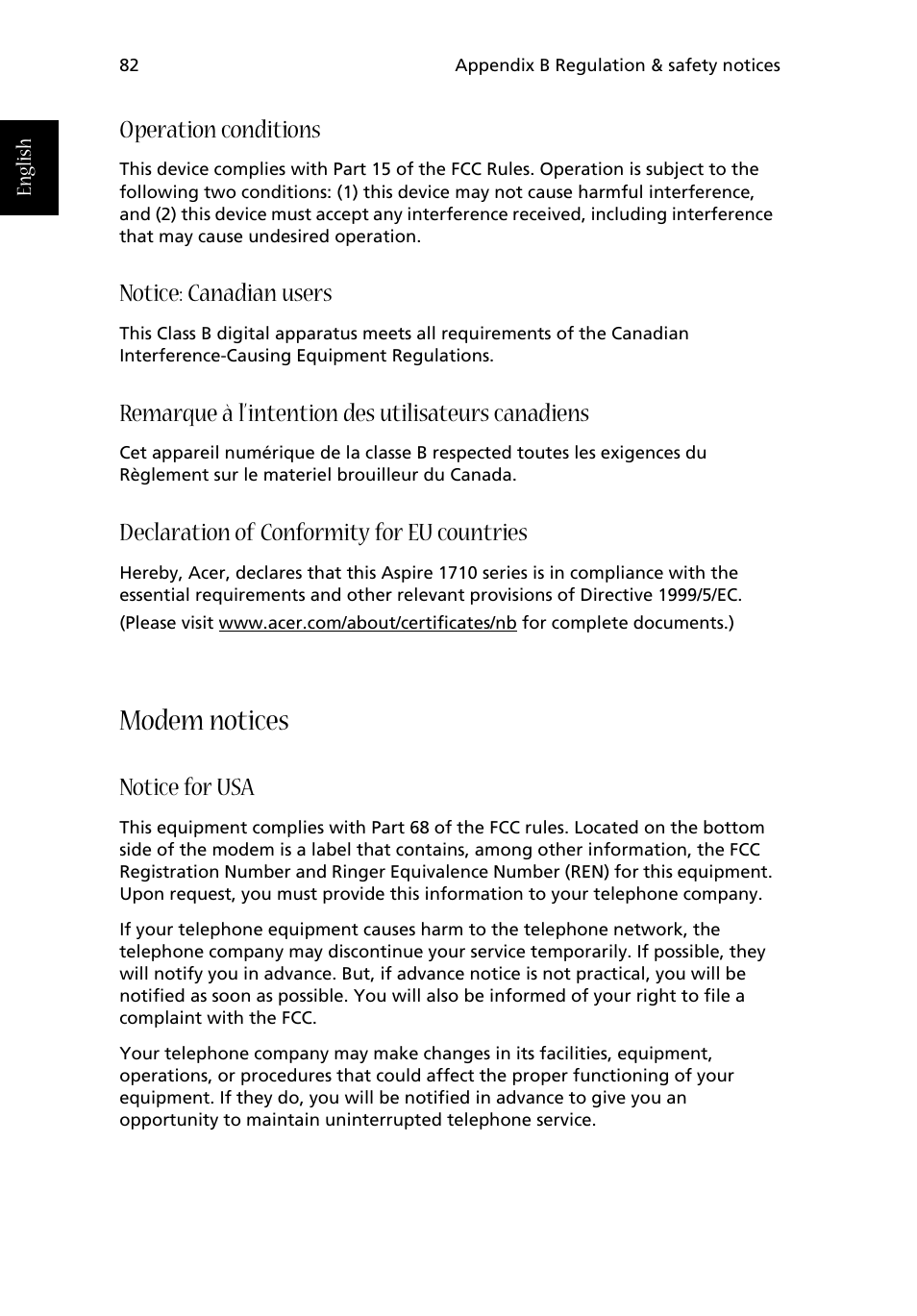 Modem notices, Operation conditions, Notice: canadian users | Remarque à l’intention des utilisateurs canadiens, Declaration of conformity for eu countries, Notice for usa | Acer Aspire 1710 User Manual | Page 92 / 106