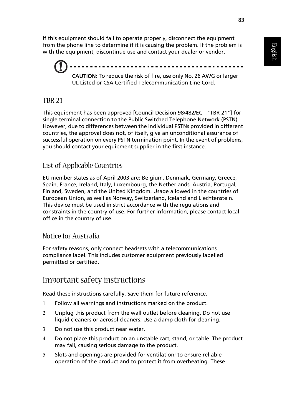 Important safety instructions, Tbr 21, List of applicable countries | Notice for australia | Acer Aspire 1710 User Manual | Page 93 / 106