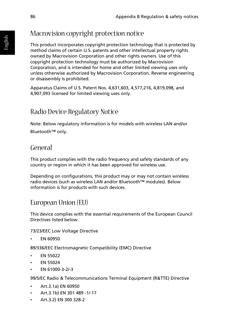 Macrovision copyright protection notice, Radio device regulatory notice, General | European union (eu) | Acer Aspire 1710 User Manual | Page 96 / 106