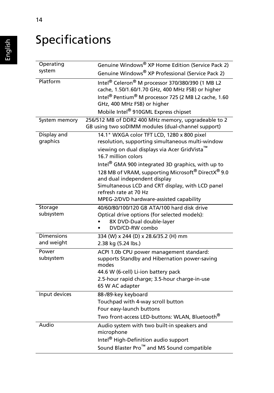 Specifications, English | Acer Aspire 3620 User Manual | Page 24 / 82