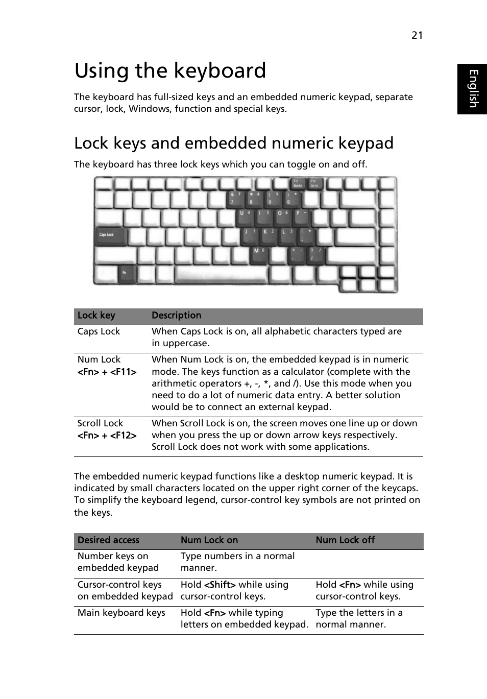 Using the keyboard, Lock keys and embedded numeric keypad, Lock keys and embedded numeric keypad 21 | Acer Aspire 3620 User Manual | Page 31 / 82