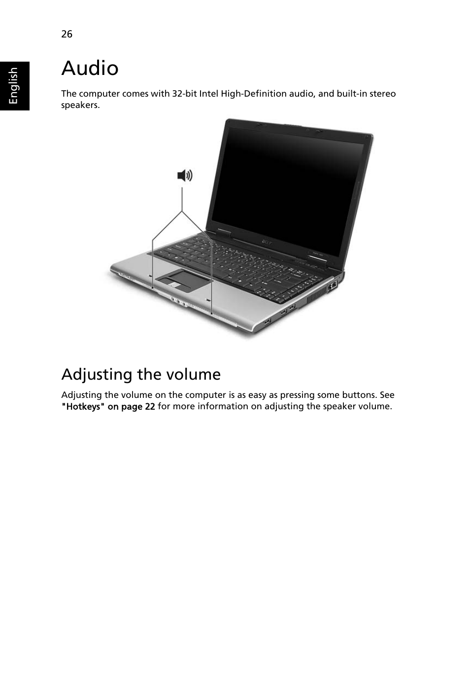 Audio, Adjusting the volume | Acer Aspire 3620 User Manual | Page 36 / 82