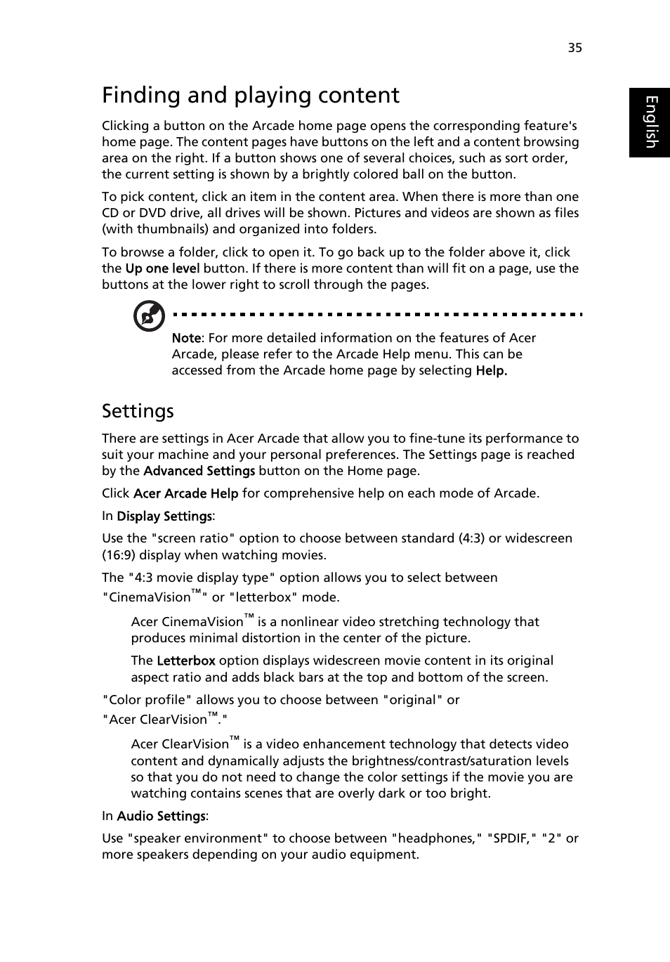 Finding and playing content, Settings | Acer Aspire 3620 User Manual | Page 45 / 82