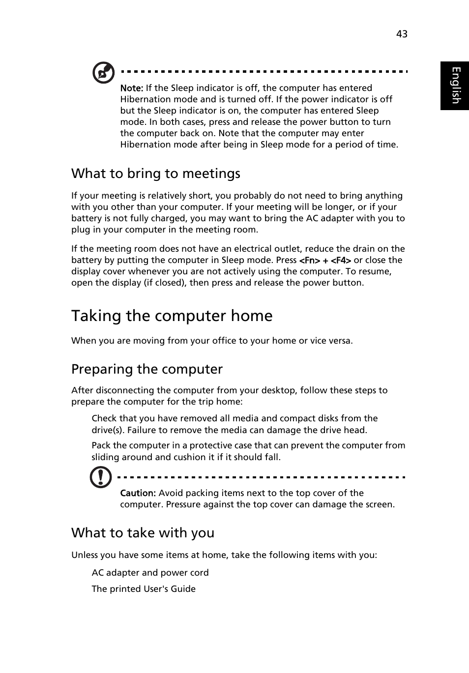 Taking the computer home, What to bring to meetings, Preparing the computer | What to take with you | Acer Aspire 3620 User Manual | Page 53 / 82